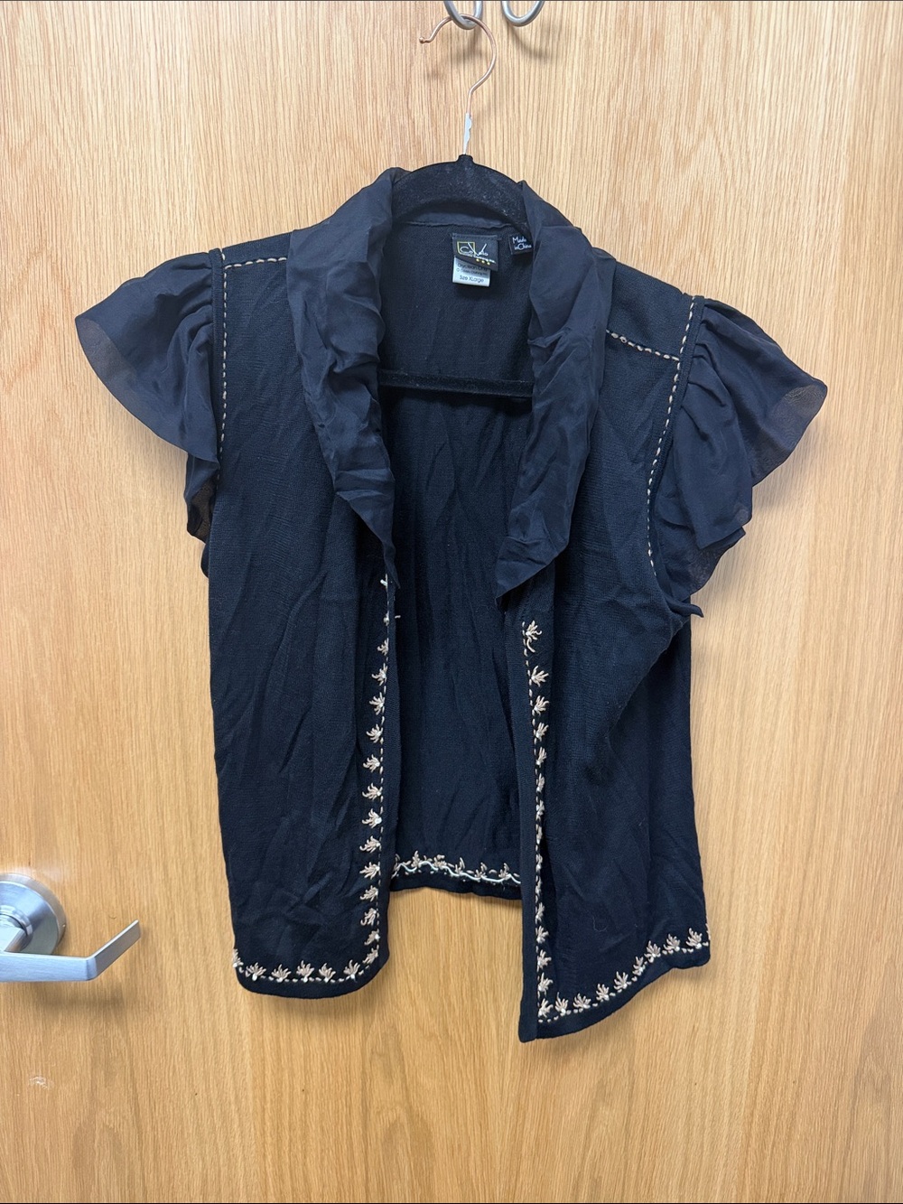CoVelo Silk and Cotton Blend Black Ruffled Sleeve Embroidered Open Cardigan